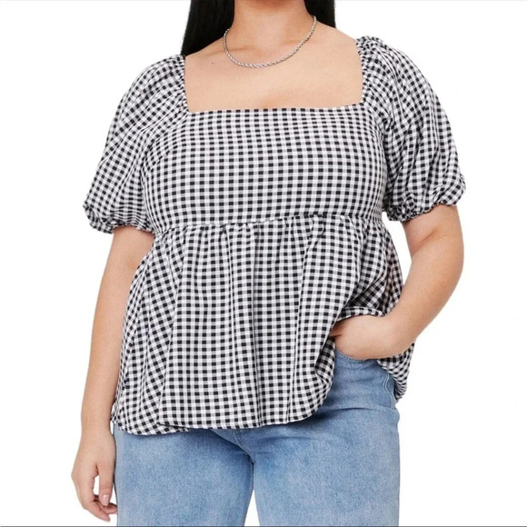 Nasty Gal Gingham Print Puff Sleeve Top Size 14 - Picture 1 of 9